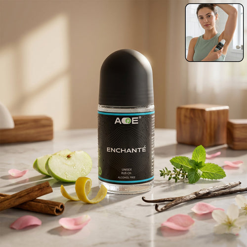 AOE blue unisex roll-on deodorant 50ml bottle showcasing smooth application