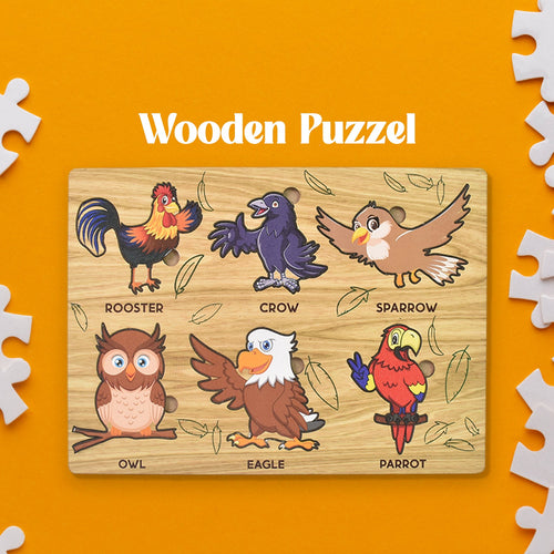 Wooden Bird Puzzle educational board with colourful bird pieces by Inventive Play.