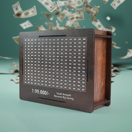 Wooden piggy bank money box with carved design for kids' savings