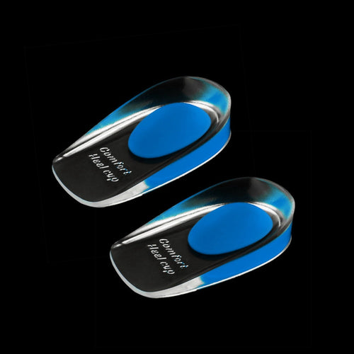Gel heel cups providing cushioning and support for foot pain relief.