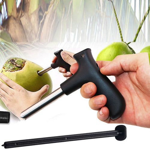 Stainless steel coconut opener tool with a comfortable black grip.