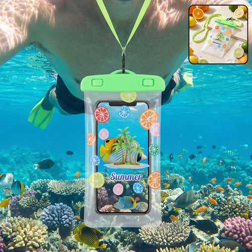 Waterproof mobile pouch with neck strap in green, shown protecting a phone.